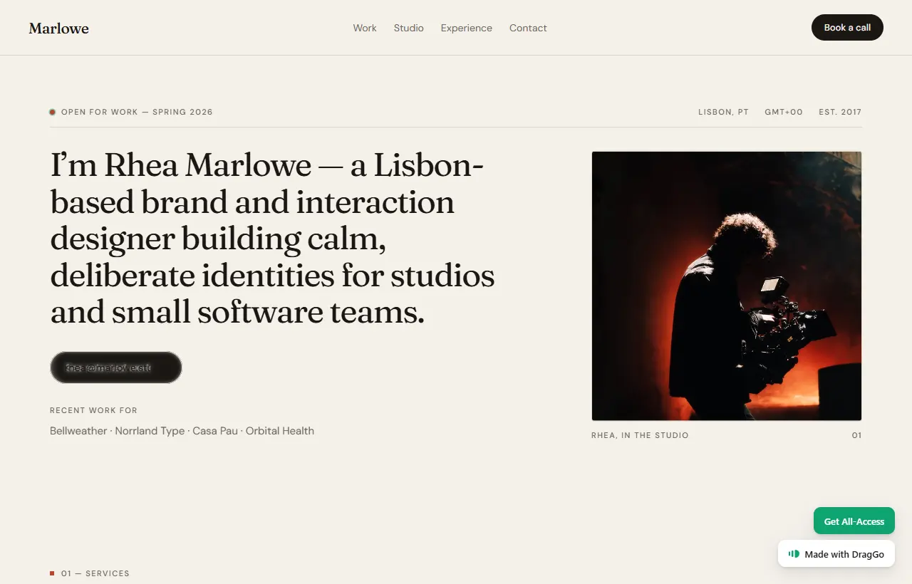 Marlowe, an editorial portfolio template with scattered image layouts and serif display type