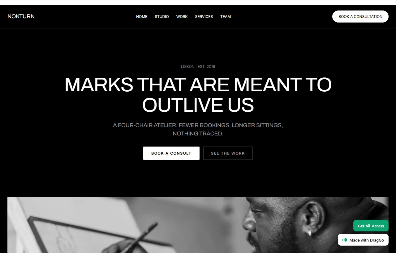 Nokturn, a high-contrast tattoo atelier template