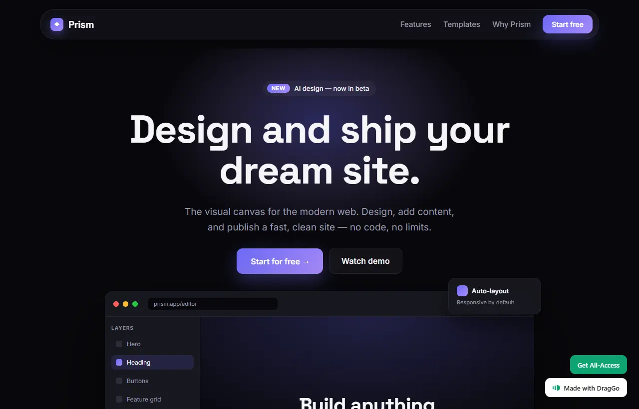 Prism, a design tool landing page template