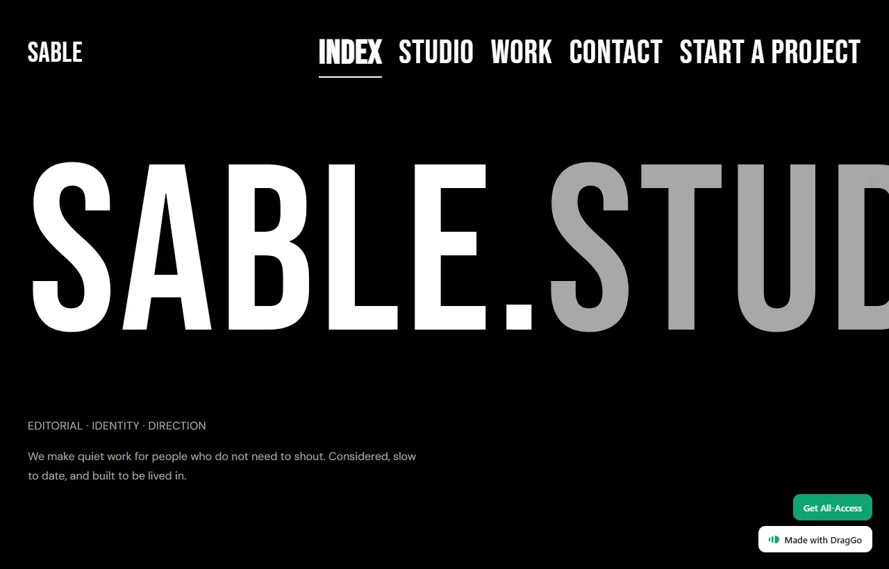 SABLE, an editorial studio template with serif display type